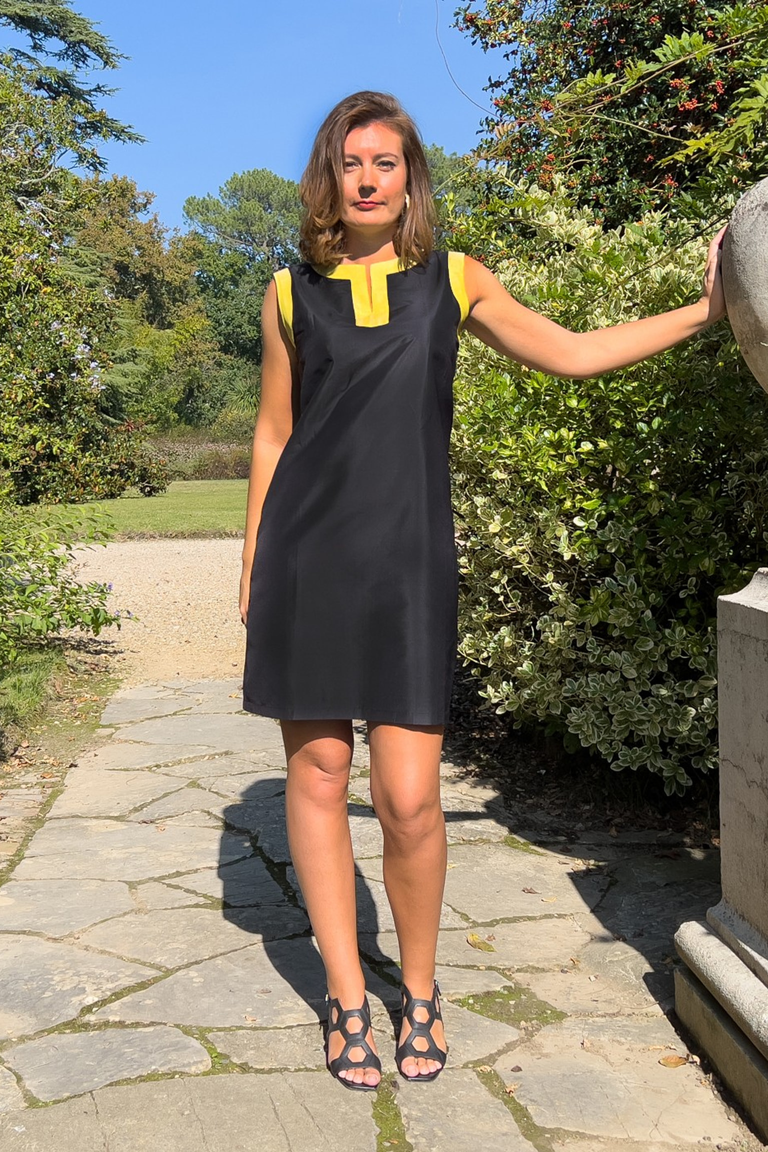 CAPRI taffeta silk dress- Black & Yellow