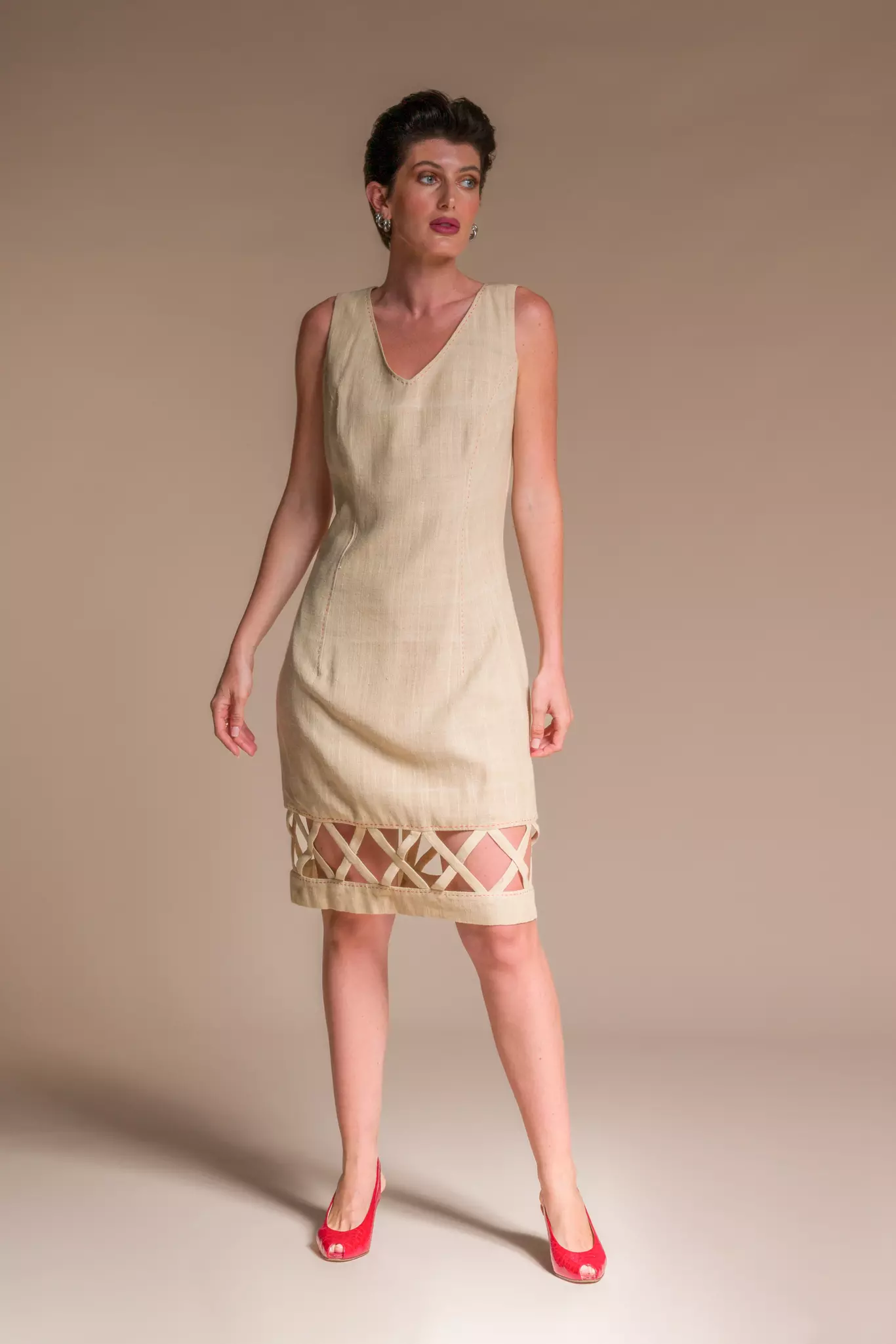 white christmas dresses Sienna 100% Cotton Puff Sleeve Maxi Dress in Natural Plaid (Lined) main image 1