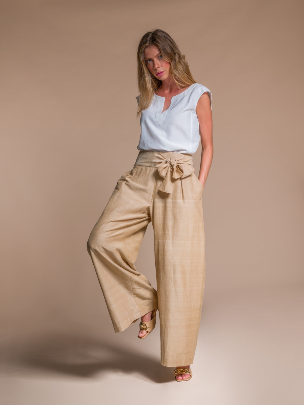 Wide Leg beige Palazzo Silk u0026 Organic Cotton Trousers |BOND