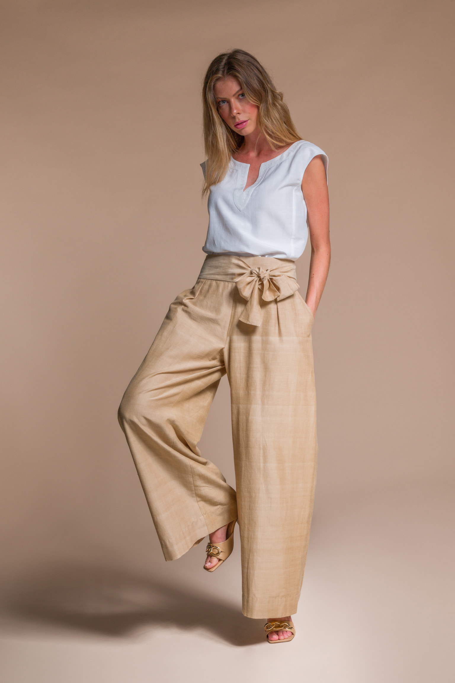 BOND silk & organic cotton palazzo trousers - Beige