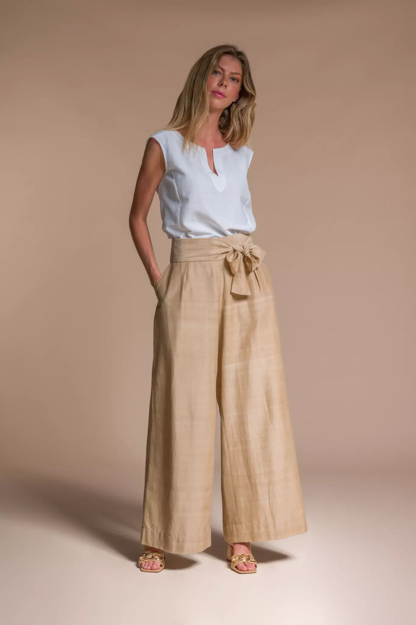 Wide Leg beige Palazzo Silk & Organic Cotton Trousers